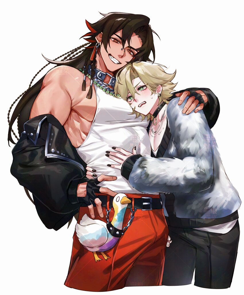 2boys absurdres asura_(onmyoji) bishounen black_gloves black_hair black_jacket black_nails blonde_hair braid bridge_piercing commentary commentary_request cropped_legs earrings eyeliner face_piercing fingerless_gloves full_body gloves green_eyes height_difference highres hug jacket jewelry konsai_2 long_hair long_sleeves looking_at_viewer makeup male_focus multicolored_hair multiple_boys muscular muscular_male nail_polish necklace no_facial_mark no_tattoo onmyoji piercing red_eyeliner red_hair short_hair simple_background smile streaked_hair taishakuten_(onmyoji) tank_top teeth two-tone_hair unworn_jacket upper_body upper_teeth_only white_background white_tank_top yaoi