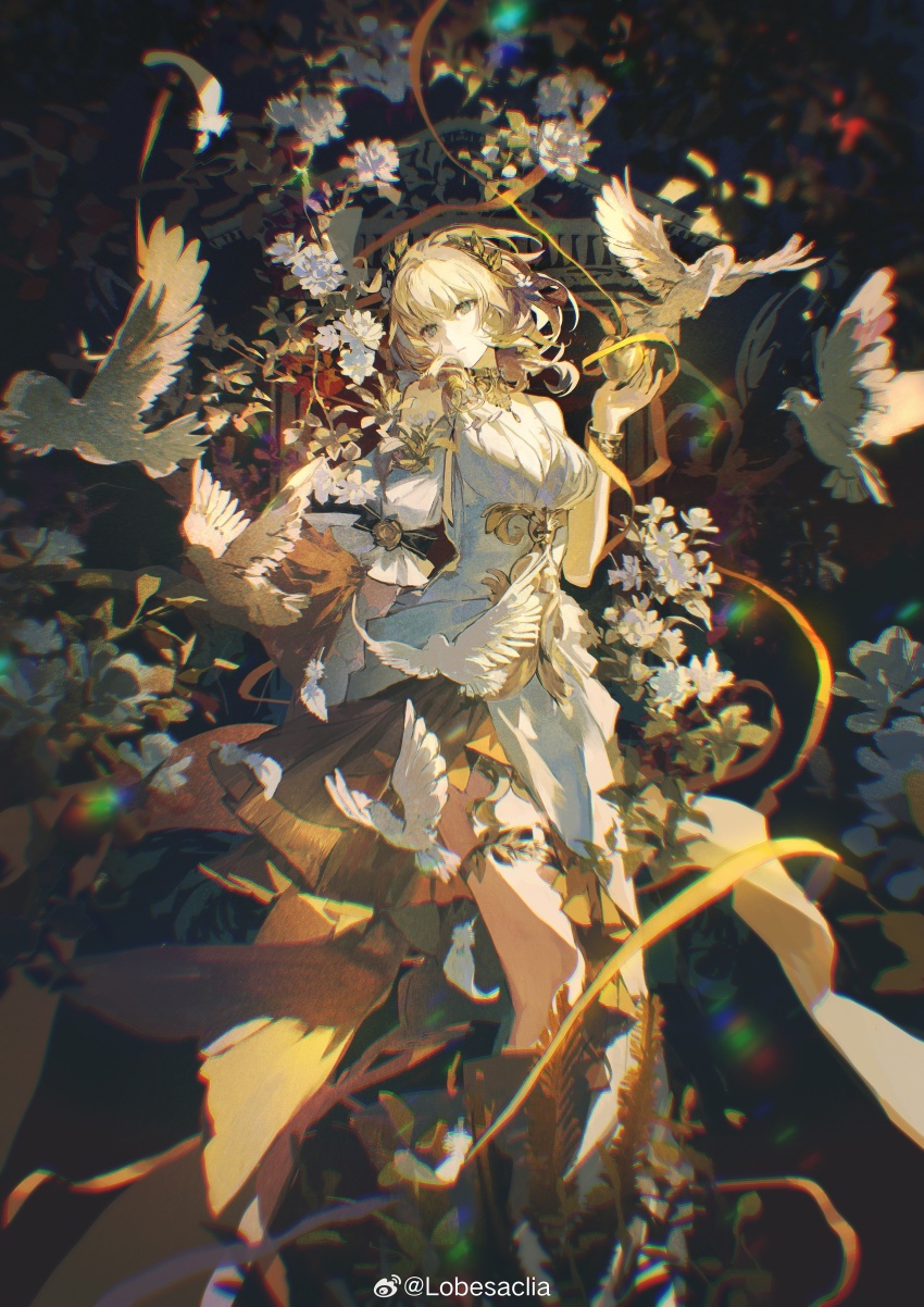 1girl absurdres aglaea_(honkai:_star_rail) ancient_greek_clothes apple bird blonde_hair breasts cleavage commentary_request dress flower food fruit golden_apple greco-roman_clothes green_eyes highres holding holding_food holding_fruit honkai:_star_rail honkai_(series) large_breasts laurel_crown lobelia_(saclia) rose short_hair watermark weibo_watermark white_bird white_dress white_flower white_rose