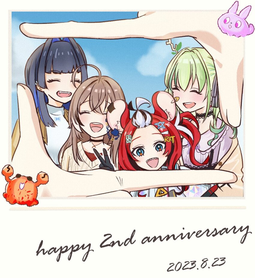 4girls black_choker black_gloves black_hair blue_eyes blue_hair brown_coat brown_hair cardigan ceres_fauna ceres_fauna_(jirai_kei) choker closed_eyes coat earrings fangs finger_frame gloves green_hair hair_intakes hair_ribbon hakos_baelz hakos_baelz_(casual) high-waist_skirt highres holocouncil hololive hololive_english jacket jewelry jirai_kei kaniko_(tsukumo_sana) long_hair looking_at_viewer multicolored_hair multiple_girls nanashi_mumei nanashi_mumei_(casual) necklace official_alternate_costume open_cardigan open_clothes ouro_kronii pov purple_ribbon purple_shirt red_hair ribbon shirt skirt streaked_hair sweater sytiny teeth tsukumo_sana turtleneck twintails two_side_up upper_teeth_only usaslug_(tsukumo_sana) v virtual_youtuber white_cardigan white_gloves white_hair white_jacket white_shirt white_sweater