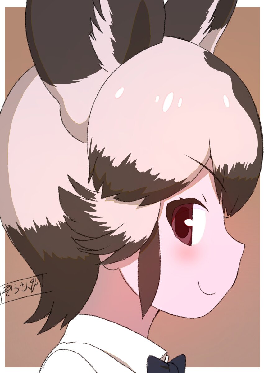 1girl absurdres african_wild_dog_(kemono_friends) animal_ears animal_print black_hair blush bow bowtie brown_eyes closed_mouth dog_ears eye_contact from_side highres kemono_friends looking_at_another looking_at_viewer masuyama_ryou multicolored_hair profile shirt short_hair simple_background smile solo upper_body