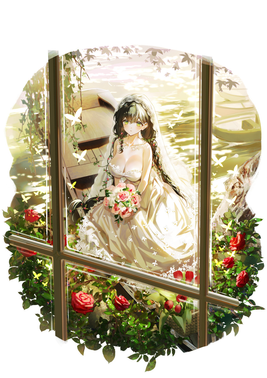 1girl absurdres alternate_hair_color bare_shoulders black_hair boat border bouquet breasts bridal_veil cleavage commentary_request day dress epic_seven flower from_inside highres holding holding_bouquet large_breasts lium long_hair looking_at_viewer on_boat parted_lips plant sitting solo strapless strapless_dress sunlight tamarinne_(epic_seven) veil very_long_hair vines water watercraft wedding_dress white_border white_dress window yellow_eyes