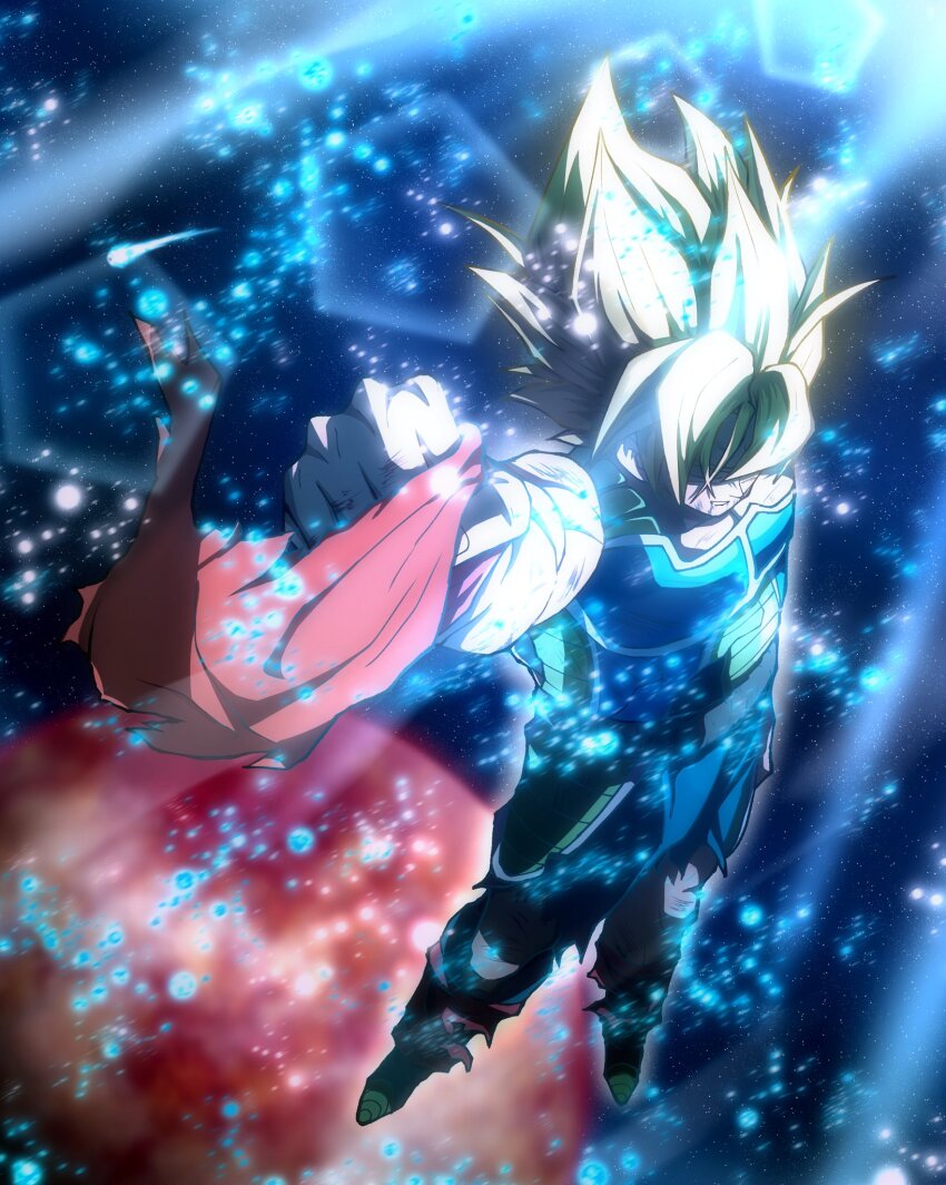 1boy bardock battle_damage blonde_hair bodysuit coyote_koyoharu dragon_ball dragonball_z full_body highres holding male_focus medium_hair partially_shaded_face saiyan_armor solo space super_saiyan super_saiyan_1 torn_bodysuit torn_clothes
