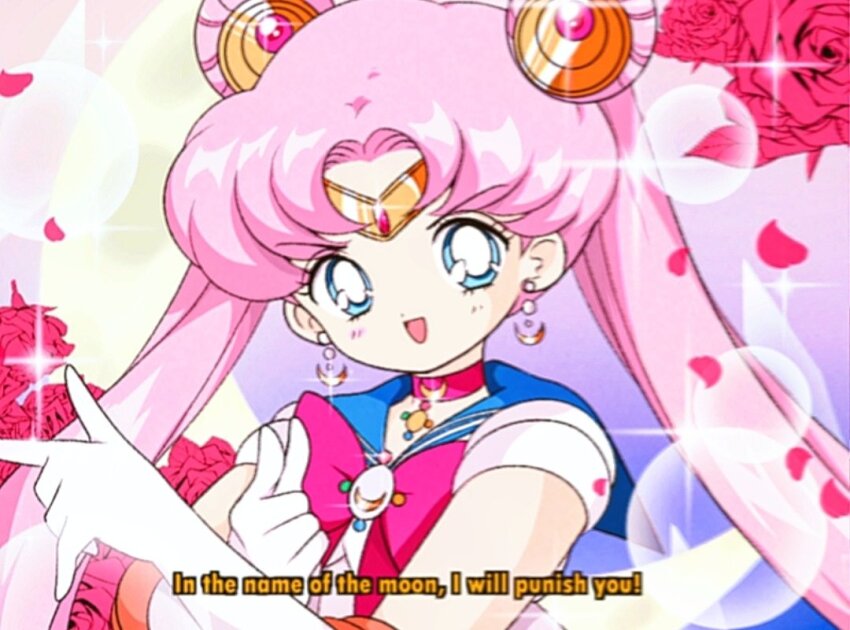 1990s_(style) 1girl bad_id bad_twitter_id bishoujo_senshi_sailor_moon blue_background blue_eyes blue_sailor_collar bow bowtie bright_pupils brooch bubble choker circlet commentary crescent crescent_choker crescent_earrings crescent_moon dot_nose double_bun double_finger_gun earrings elbow_gloves english_commentary english_text eyelashes fake_screenshot faux_retro_artstyle finger_gun flower gloves gradient_background hair_bun hair_ornament honeymoonpetal jewelry leotard light_blush long_hair magical_girl moon official_style open_mouth parted_bangs petals pink_background pink_hair prototype_design purple_background red_bow red_bowtie red_choker red_flower red_rose retro_artstyle rose rose_petals sailor_collar sailor_moon short_sleeves smile solo sparkle tareme tsukino_usagi twintails upper_body very_long_hair white_gloves white_leotard white_pupils