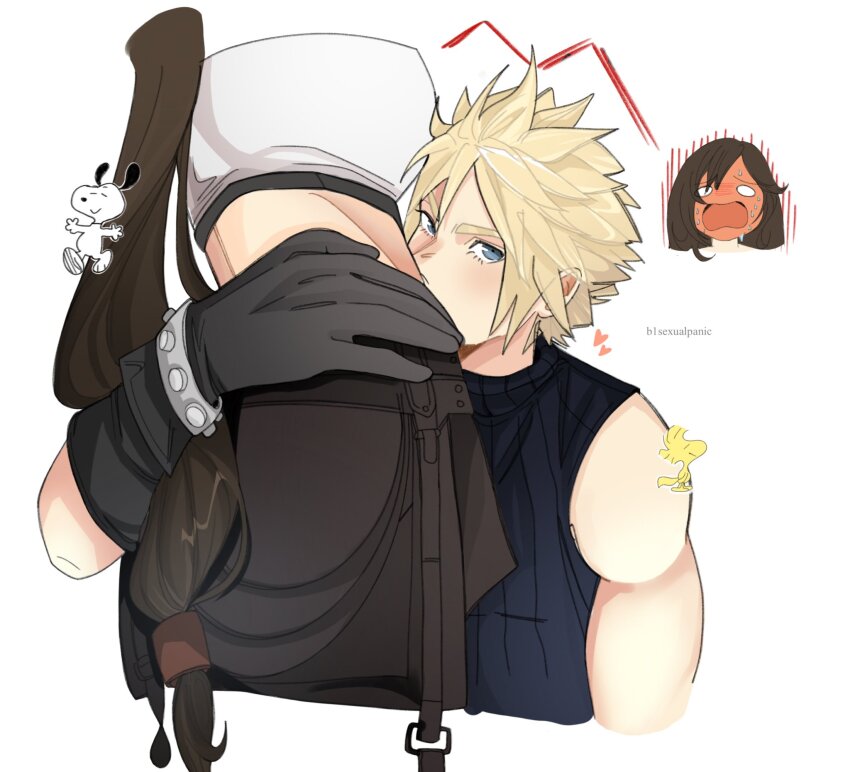 1boy 1girl bare_shoulders black_gloves black_hair black_skirt blonde_hair blue_eyes blue_sweater blush breasts brown_hair cloud_strife commentary couple crop_top cropped_head cropped_torso english_commentary final_fantasy final_fantasy_vii final_fantasy_vii_rebirth final_fantasy_vii_remake from_side full-face_blush gloves hand_on_another&#039;s_hip heart highres hug kiss kissing_stomach large_breasts long_hair looking_at_viewer low-tied_long_hair lower_body midriff open_mouth ribbed_sweater short_hair simple_background skirt sleeveless sleeveless_turtleneck snoopy spiked_hair sweat sweatdrop sweater tank_top tifa_lockhart trixie_(b1sexualpanic) turtleneck turtleneck_sweater twitter_username upper_body very_long_hair white_background white_tank_top woodstock