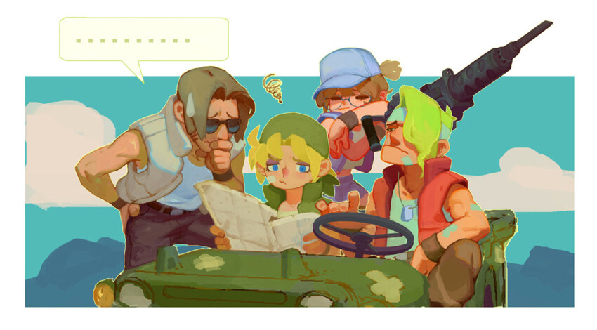 ... annoyed bandages bandana baseball_cap belt black_belt blonde_hair blue_eyes blue_shorts blue_vest brown_eyes brown_hair closed_eyes dog_tags fio_germi fl_(l-fl) glasses green_bandana green_vest gun hat heavy_machine_gun kasamoto_eri light_blush long_sideburns machine_gun map marco_rossi metal_slug military_jeep motor_vehicle one_eye_covered ponytail red_vest shorts sideburns sky squiggle sunglasses sweatdrop tarma_roving vest weapon white_undershirt white_vest wristband