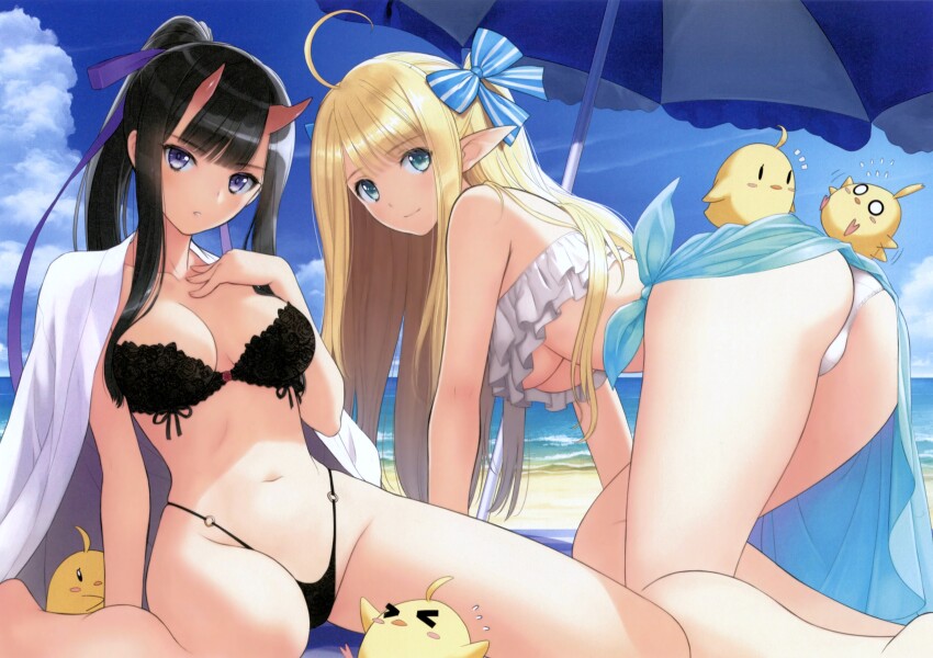 2girls absurdres ahoge all_fours animal aqua_eyes arm_support ass azur_lane bare_shoulders beach beach_umbrella bikini bird black_bikini black_hair blonde_hair blue_sky breasts centaur_(azur_lane) centaur_(beachside_undine)_(azur_lane) cleavage cloud cloudy_sky collarbone day elf frilled_bikini frills hair_ornament hand_on_own_chest hand_up high_ponytail highleg highleg_bikini highres horns long_hair looking_at_viewer looking_back manjuu_(azur_lane) medium_breasts multiple_girls navel o-ring o-ring_bikini ocean official_art oni_horns outdoors parted_lips pointy_ears ponytail purple_eyes ribbon ryuuhou_(azur_lane) ryuuhou_(queen_of_whales)_(azur_lane) sarong scan simple_background sitting sky smile stomach striped swimsuit thighs tony_taka umbrella underboob wariza water