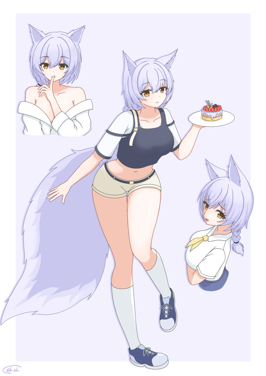 1girl absurdres animal_ears arknights artist_name bare_shoulders black_vest blue_footwear border cake candle chiaki_koizumi chinese_commentary closed_mouth commentary_request crop_top cropped_shirt cropped_vest drop_shadow finger_to_mouth food fruit grey_shorts hair_between_eyes highres holding holding_plate kneehighs light_smile long_tail looking_at_viewer medium_hair midriff multiple_views navel neckerchief off_shoulder plate ponytail provence_(arknights) purple_background purple_hair purple_tail shirt shoes short_shorts short_sleeves shorts shushing signature simple_background socks standing strawberry strawberry_cake tail vest white_border white_shirt white_socks yellow_eyes yellow_neckerchief