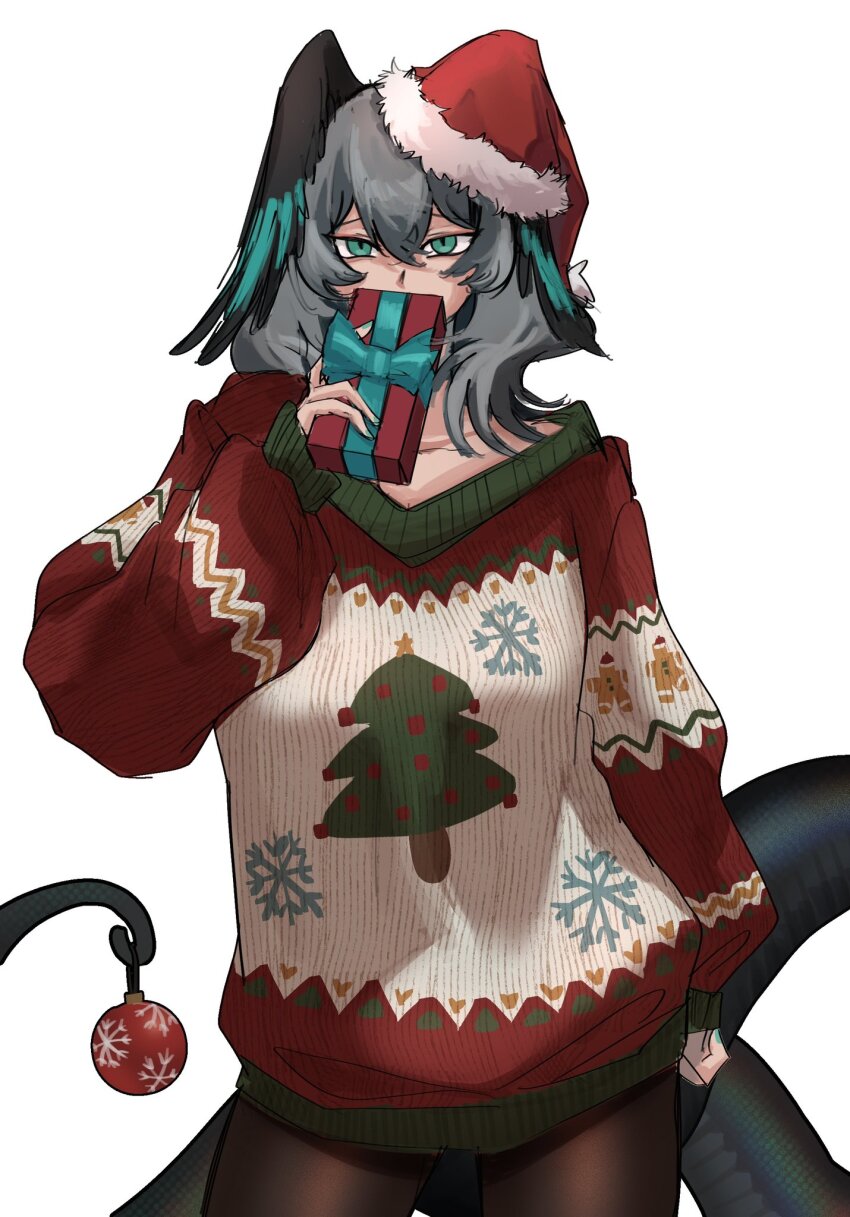 1girl aqua_eyes arknights black_pantyhose christmas christmas_ornaments christmas_present christmas_sweater christmas_tree_print covering_own_mouth cowboy_shot fur-trimmed_headwear fur_trim gift gingerbread_man_print hair_between_eyes hand_up hat head_wings highres ho&#039;olheyak_(arknights) holding holding_gift holding_with_tail long_sleeves looking_at_viewer medium_hair pantyhose pom_pom_(clothes) prehensile_tail print_sweater red_hat santa_hat simple_background sketch snake_tail snowflake_print solo sweater tail white_background wings yuec