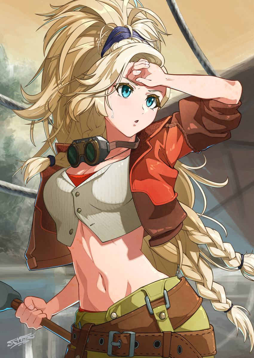 1girl :o absurdres belt belt_buckle blonde_hair blue_eyes blush breasts brown_belt brown_jacket buckle cleavage commentary cropped_jacket fingernails gemma_(monster_hunter_wilds) goggles goggles_around_neck hammer highres holding holding_hammer jacket long_hair midriff monster_hunter_(series) monster_hunter_wilds navel ponytail schnuz signature solo stomach sweat very_long_hair