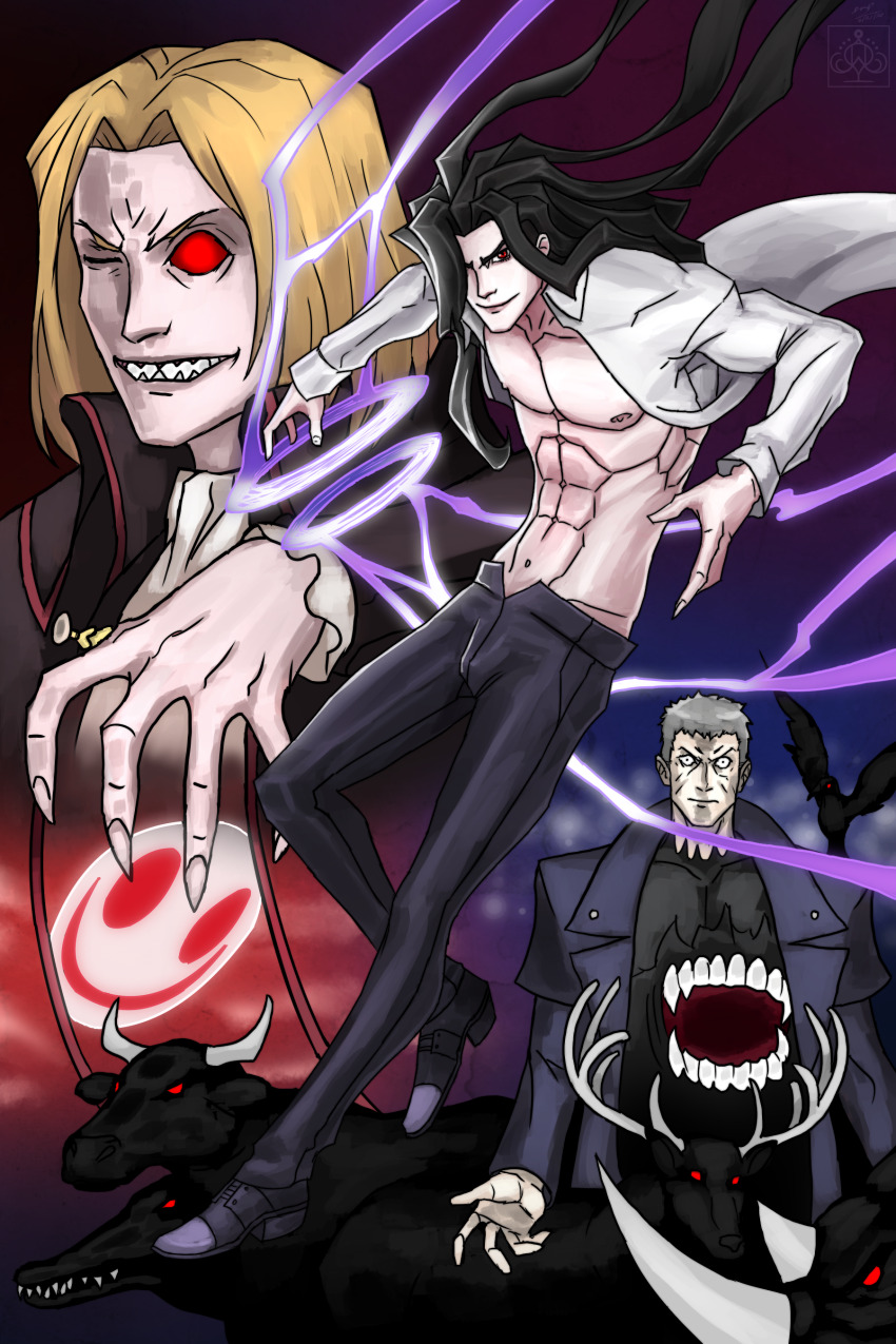 3boys abs absurdres bare_pectorals bird black_hair black_pants blonde_hair body_horror bull buttoned_cuffs buttons cape coat collar collarbone collared_shirt deer dress_shirt dvd_1013 electricity grey_hair highres long_hair male_focus melty_blood michael_roa_valdamjong multiple_boys muscular muscular_male nrvnqsr_chaos pants pectorals red_eyes shirt short_hair stomach_mouth tsukihime wallachia