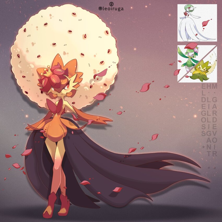 alternate_color artist_name black_dress character_name dress elbow_gloves eldegoss falling_petals flower fusion gardevoir gen_3_pokemon gen_8_pokemon gloves hair_flower hair_ornament highres hisuian_lilligant leoiruga mega_gardevoir mega_pokemon nintendo orange_eyes orange_gloves petals pink_petals pokemon pokemon_(creature) reference_inset shiny_pokemon