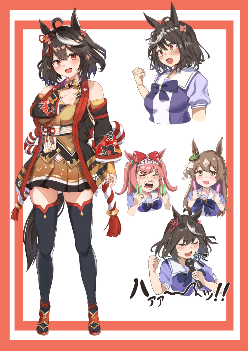 3girls absurdres agnes_digital_(umamusume) ahoge bare_shoulders black_hair black_thighhighs bow brown_hair chanchanko_(clothes) cleavage_cutout clenched_hand closed_eyes clothing_cutout crying diffraction_spikes dual_wielding ear_ornament enka full_body glowstick hachimaki hair_between_eyes hair_bow headband highres holding holding_microphone horin horse_girl japanese_clothes kitasan_black_(umamusume) kouhaku_nawa light_brown_hair long_hair meme microphone multicolored_hair multiple_girls music pink_hair red_bow red_eyes rope sandals satono_diamond_(umamusume) school_uniform shimenawa singing sparkle streaming_tears summer_uniform tachi-e tears thighhighs tracen_school_uniform two-tone_hair two_side_up umamusume upper_body white_background yellow_eyes zettai_ryouiki