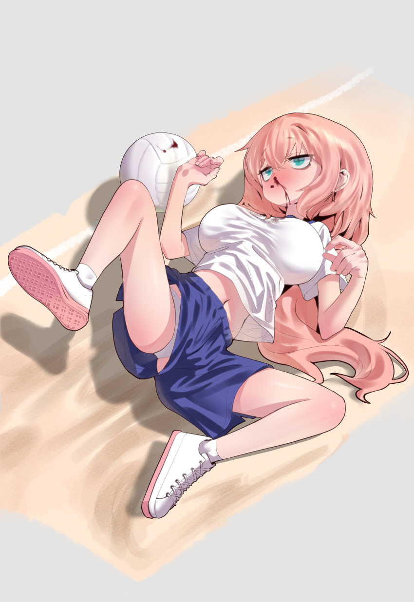 1girl absurdres aqua_eyes blood blue_shorts body_blush breasts brown_rat commentary_request crossed_bangs grey_background gym_shirt gym_shorts gym_uniform hands_up highres knee_up korean_commentary large_breasts long_hair lying michinoku_komaro midriff navel nosebleed on_back panties panties_under_shorts pink_hair seitokai_ni_mo_ana_wa_aru! shirt shoes shorts solo underwear volleyball white_panties white_shirt white_shoes