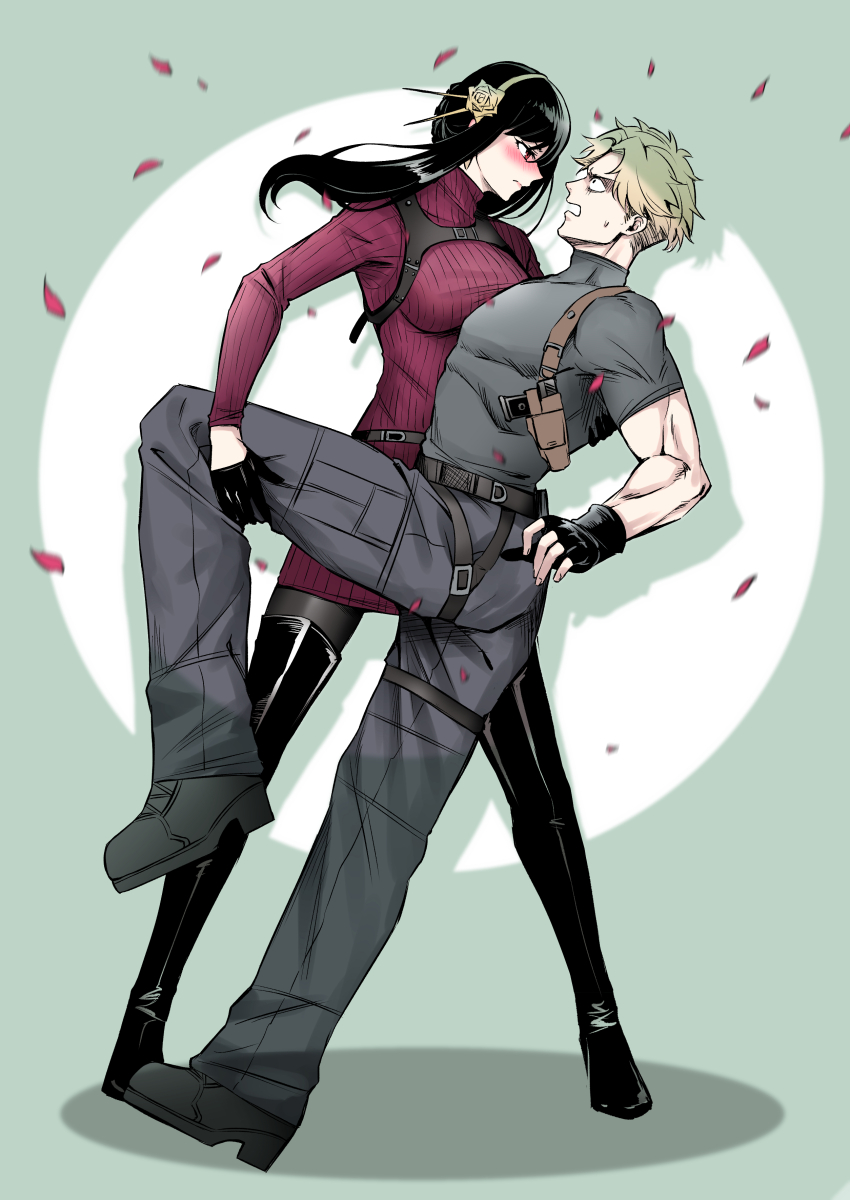 1boy 1girl absurdres ada_wong ada_wong_(cosplay) black_boots black_gloves black_hair blonde_hair blush boots cosplay gloves gold_hairband hairband highres leon_s._kennedy leon_s._kennedy_(cosplay) lsf_(805661342) muscular pantyhose red_eyes red_sweater resident_evil spy_x_family sweater twilight_(spy_x_family) yor_briar