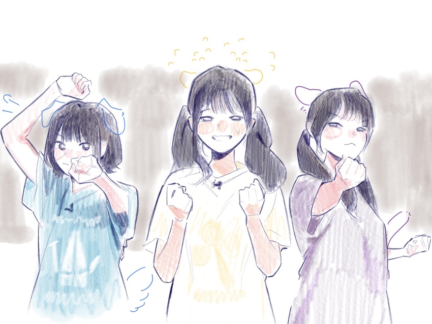 3girls animal_ears animification arms_up blue_shirt blush bob_cut cat_ears clenched_hands commentary dog_ears drawn_ears english_commentary flipped_hair grin half-closed_eyes hamster_ears hayama_fuka highres kurusu_rin link!_like!_love_live! looking_at_viewer love_live! low_twintails multiple_girls pipi_(m1x_mix) purple_shirt real_life sakurai_hina seeno_de!_hasu_no_sora! shirt short_hair short_sleeves smile t-shirt twintails upper_body voice_actor yellow_shirt