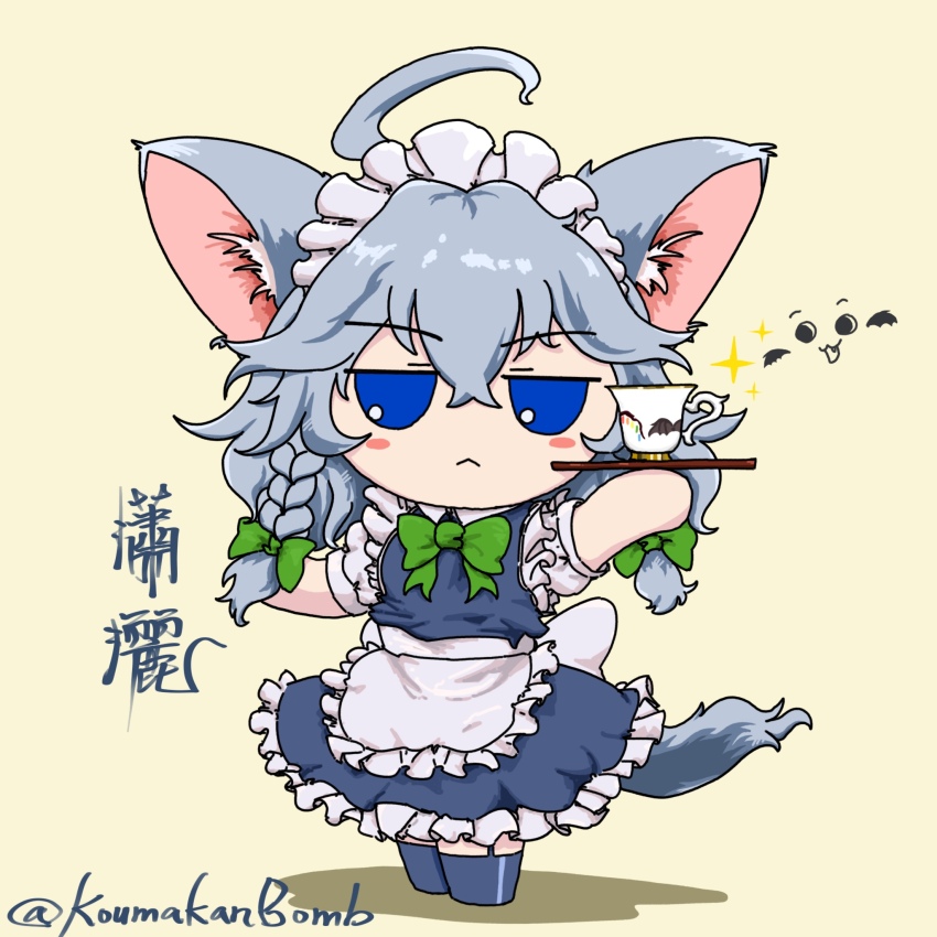 1girl :&lt; animal_ears apron blue_dress blue_eyes bow braid cup dog_ears dog_tail dress fumo_(doll) grey_hair grey_tail hair_bow highres inu_sakuya_(nejikirio) izayoi_sakuya koumakanbomb maid maid_headdress remilia_scarlet short_hair tail teacup touhou tray twin_braids waist_apron