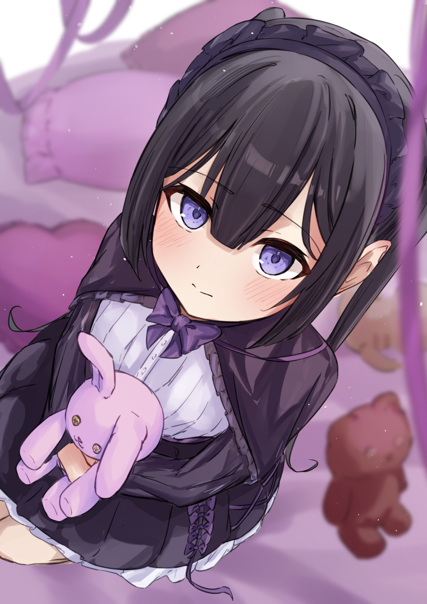 1girl bed black_hair blush bow bowtie child dress frilled_hairband frills hair_between_eyes hairband heart heart-shaped_pillow highres holding holding_stuffed_toy long_hair looking_at_viewer looking_up on_bed original pillow purple_eyes sakahana sitting solo solo_focus stuffed_animal stuffed_toy twintails