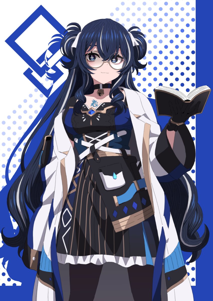 +_+ 1girl aallotar_(ac8231) absurdres aoi_suzu bell black_dress black_pantyhose blue_dress blue_eyes blue_hair blush book breasts chest_tattoo closed_mouth coat commission double_bun dress glasses hair_bun hand_up highres holding holding_book lab_coat long_hair long_sleeves looking_at_viewer neck_bell off_shoulder open_book open_clothes open_coat original pantyhose polka_dot polka_dot_background ribbon round_eyewear second-party_source skeb_commission sleeves_past_fingers sleeves_past_wrists solo sparkling_eyes standing symbol-shaped_pupils tattoo two-tone_dress white_coat white_ribbon