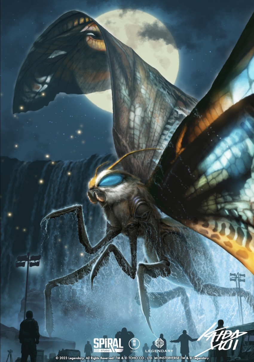 1boy 1girl 6+others antennae artist_name bioluminescence blue_eyes bug butterfly chen_ling_(godzilla) claws cloud english_text epic fireflies full_moon giant giant_monster glowing glowing_eyes glowing_wings godzilla:_king_of_the_monsters godzilla_(series) highres houston_brooks insect kaida_yuji kaiju legendary_pictures mandibles monster monsterverse moon moth mothra motor_vehicle multiple_others night no_pupils official_art pincers raincoat realistic signature sky spiral_studio star_(sky) starry_sky tent toho truck water waterfall wet wings