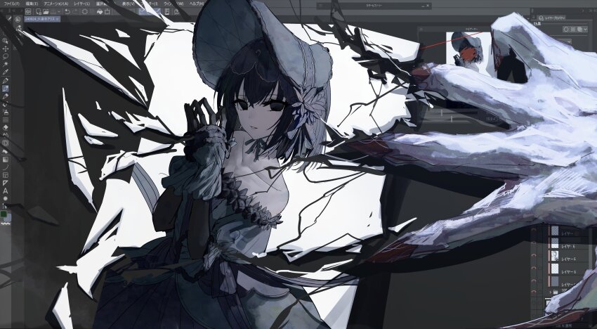 1girl absurdres bare_shoulders black_eyes black_feathers black_gloves black_hair censored claws dress fate/grand_order fate_(series) feathers frilled_dress frills gimp_(medium) gloves hair_ornament highres kuonji_alice kuonji_alice_(third_ascension) long_sleeves looking_at_viewer mahou_tsukai_no_yoru monster off-shoulder_dress off_shoulder scribble_censor short_hair yagi_(yagi5art)