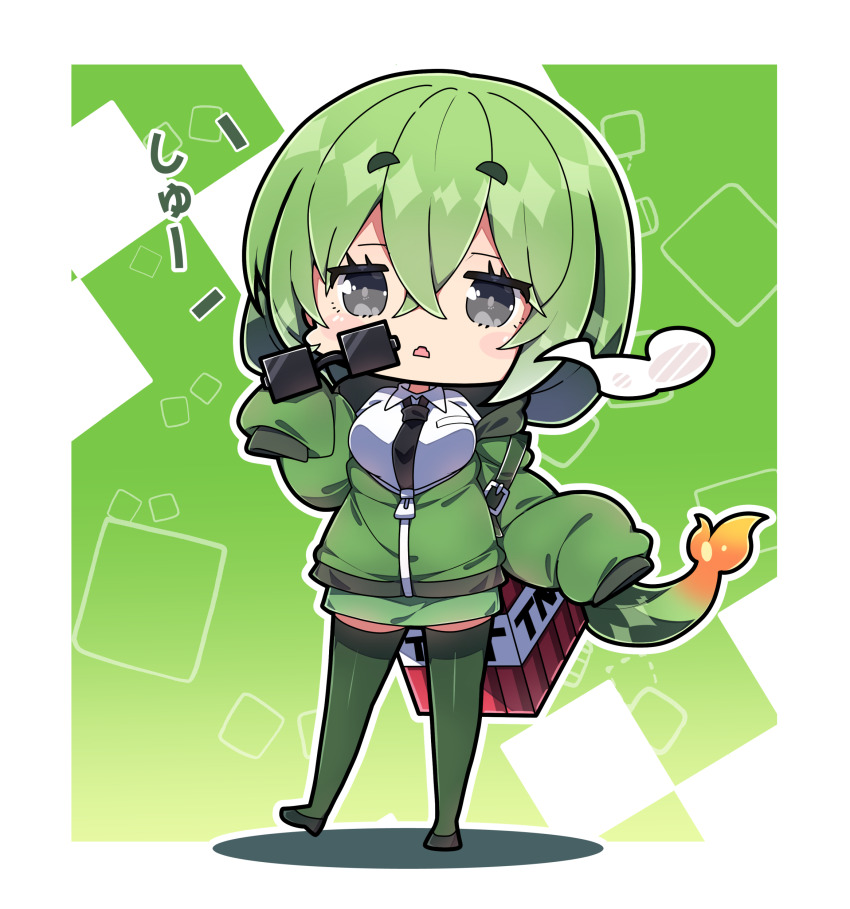 1girl absurdres black_necktie black_shoes breasts character_request chibi collared_shirt commentary_request explosive fangs full_body green_background green_hair green_jacket green_skirt green_thighhighs grey_eyes highres holding holding_removed_eyewear jacket large_breasts long_sleeves milkpanda minecraft necktie parted_lips puffy_long_sleeves puffy_sleeves shadow shirt shoes short_eyebrows skirt sleeves_past_fingers sleeves_past_wrists solo standing standing_on_one_leg steam sunglasses tail thick_eyebrows thighhighs tnt tnt_block_(minecraft) translation_request unworn_eyewear white_shirt