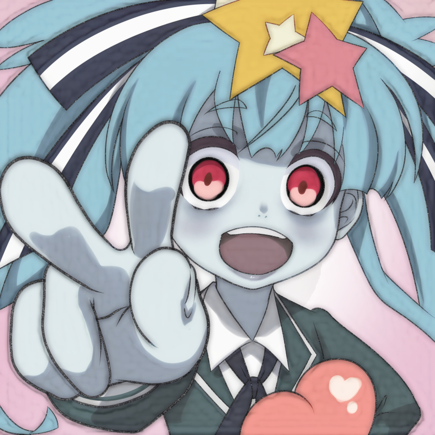 1girl black_ribbon blue_hair colored_skin green_jacket grey_skin hair_ornament hair_ribbon heart highres hoshikawa_lily jacket long_hair long_sleeves looking_at_viewer neck_ribbon open_mouth pink_background red_eyes ribbon school_uniform shirt smile standing star_(symbol) star_hair_ornament t_jiroo_(ringofriend) teeth twintails upper_body v white_shirt zombie zombie_land_saga