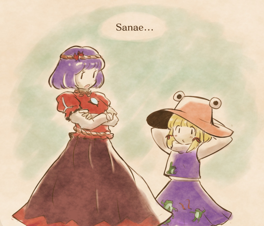 2girls blonde_hair brown_hat crossed_arms english_text hat highres long_skirt moriya_suwako multiple_girls oysterfried purple_hair purple_skirt red_shirt shirt short_hair skirt touhou yasaka_kanako