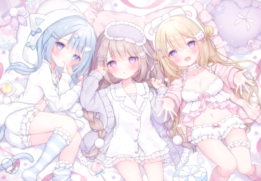 3girls :d :o animal_ears animal_hood babydoll bear_ears bear_hair_ornament biting biting_own_thumb blonde_hair blue_bow blue_eyes blue_hair blue_socks blush bow box braid breasts brown_hair candy cardigan cat_hair_ornament cleavage collarbone commentary_request dated double_bun eye_mask fake_animal_ears fang food frilled_panties frilled_socks frilled_thigh_strap frills gift gift_box hair_bun hair_ornament head_on_pillow heart heart-shaped_food heart-shaped_lollipop heart-shaped_pillow highres hood hood_bow hooded_jacket jacket large_breasts lollipop long_hair long_sleeves low_twin_braids low_twintails lying mask mask_on_head medium_hair midriff multiple_girls navel omochi_monaka on_back on_side open_cardigan open_clothes open_mouth original outstretched_arms panties parted_lips pillow pink_cardigan pink_socks pom_pom_(clothes) pom_pom_hair_ornament purple_cardigan purple_eyes reaching reaching_towards_viewer shaped_lollipop shirt shorts signature skin_fang smile socks striped_clothes striped_socks thigh_strap twin_braids twintails underwear white_babydoll white_jacket white_panties white_shirt white_shorts