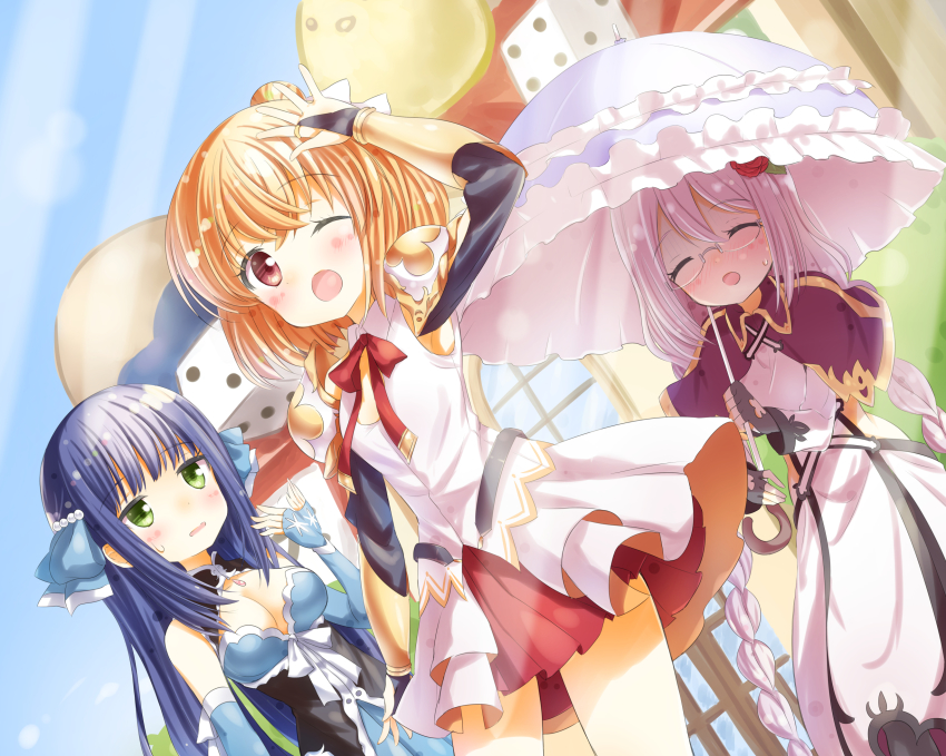 3girls ;d anne_happy black_gloves blue_dress blush braid breasts cleavage dress dutch_angle closed_eyes fanning_self fingerless_gloves flower glasses gloves green_eyes hair_bun hair_flower hair_ornament hanakoizumi_an hand_up hibarigaoka_ruri highres holding holding_umbrella ichiyo12 kirara_fantasia kumegawa_botan long_hair medium_breasts multiple_girls one_eye_closed open_mouth orange_hair outdoors parasol red_skirt silver_hair single_hair_bun skirt smile standing sweatdrop twin_braids umbrella very_long_hair white_dress
