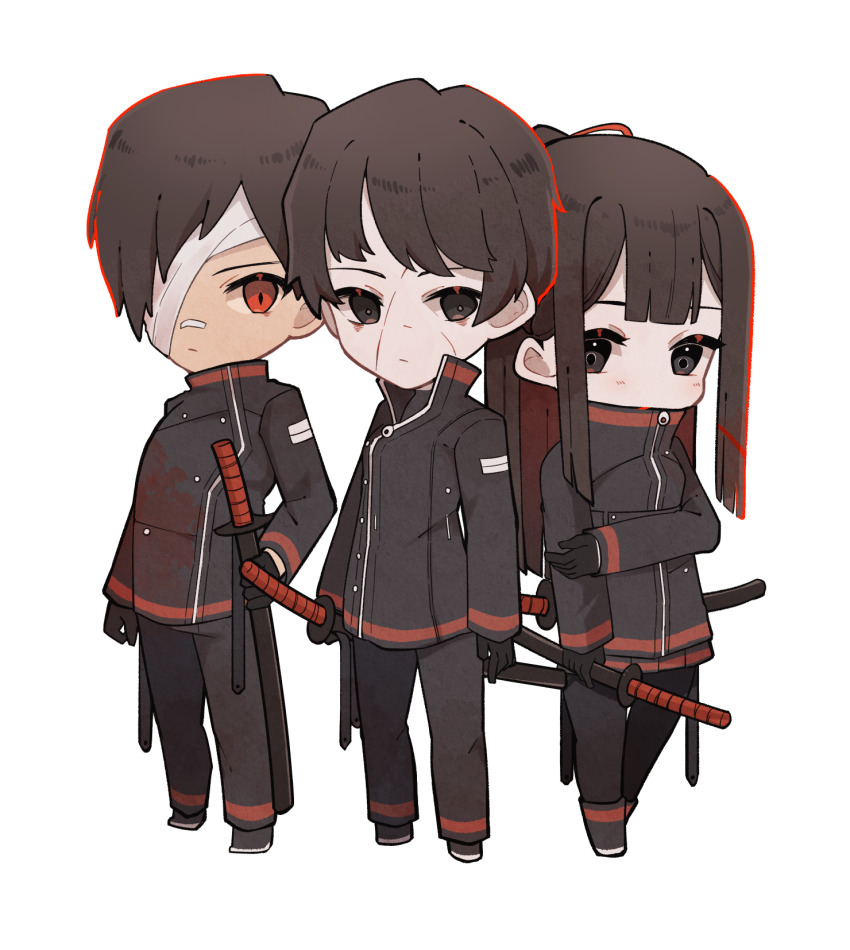 1boy 2girls bandage_over_one_eye bandaid bandaid_on_face bandaid_on_nose black_eyes black_footwear black_gloves black_hair black_jacket black_pants boots chibi full_body gloves highres holding holding_sword holding_weapon jacket katana library_of_ruina multiple_girls pants project_moon red_eyes sheath sheathed shi_association_south_uniform shoes short_hair simple_background standing sword tenma_(project_moon) touu_yaiba valentin_(project_moon) weapon white_background yujin_(project_moon)
