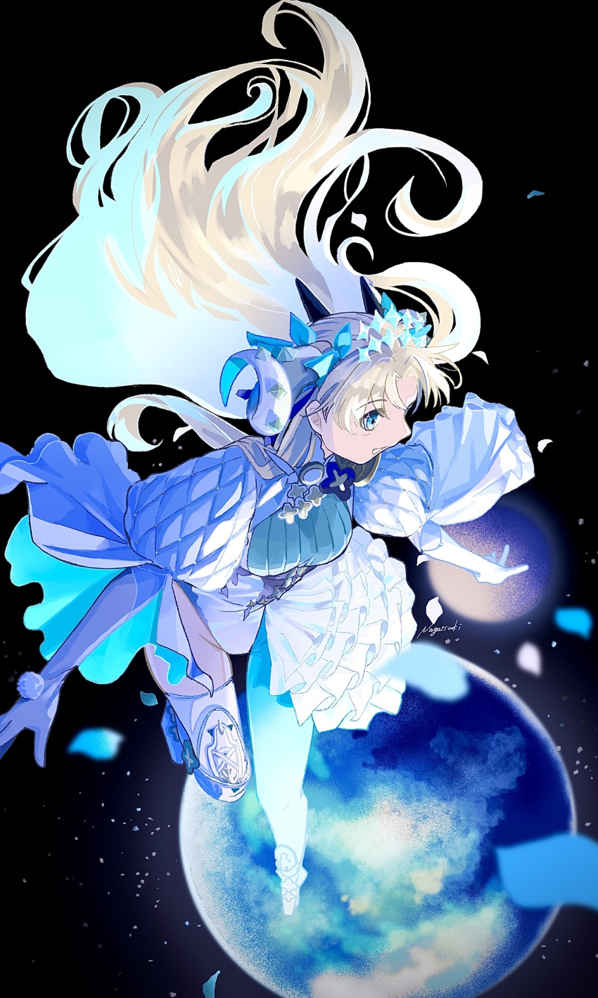 1girl absurdres aqua_boots aqua_eyes black_background blonde_hair blue_petals boots bow breasts curled_horns curvy elbow_gloves ereshkigal_(fate) falling_petals fate/grand_order fate_(series) frilled_one-piece_swimsuit frills full_body galaxy gloves green_pantyhose hair_between_eyes hair_bow hair_ribbon highres horns long_hair medium_breasts nagatsuki_(huwamo9_8ku) one-piece_swimsuit pantyhose parted_bangs parted_lips petals planet puff_and_slash_sleeves puffy_sleeves ribbon simple_background smile solo space space_ereshkigal_(fate) space_ereshkigal_(first_ascension)_(fate) swimsuit thighhighs thighs two-tone_one-piece_swimsuit two-tone_swimsuit very_long_hair white_gloves zero_gravity