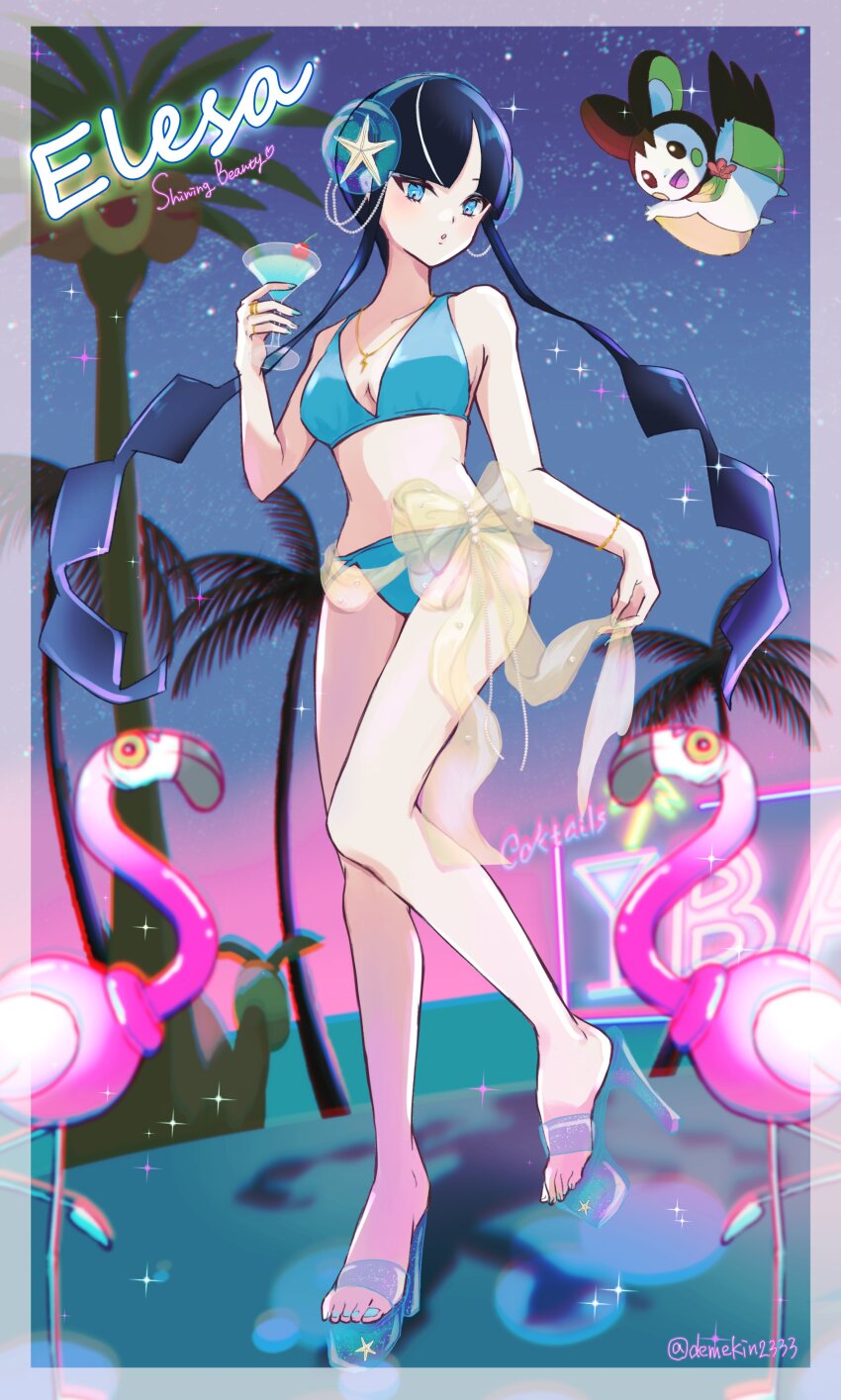 absurdres alolan_exeggutor alolan_form bikini black_hair blue_bikini blue_sandals border commentary_request cup demekin2333 elesa_(pokemon) emolga english_text flamigo full_body gen_5_pokemon gen_7_pokemon high_heels highres holding holding_cup long_hair nintendo pokemon pokemon_bw2 sandals see-through_clothes solo_focus swimsuit white_border