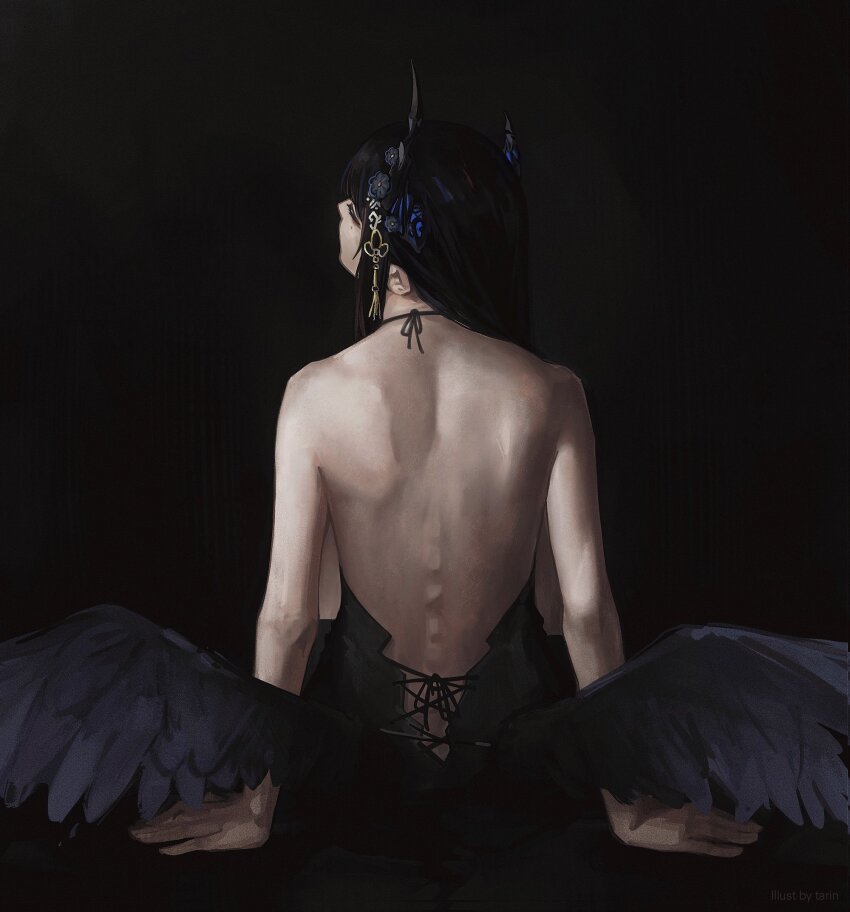 1girl backless_dress backless_outfit black_background black_dress black_hair black_horns black_wings closed_eyes dress highres hololive hololive_english horns long_hair low_wings nerissa_ravencroft solo spine tarinne virtual_youtuber wings
