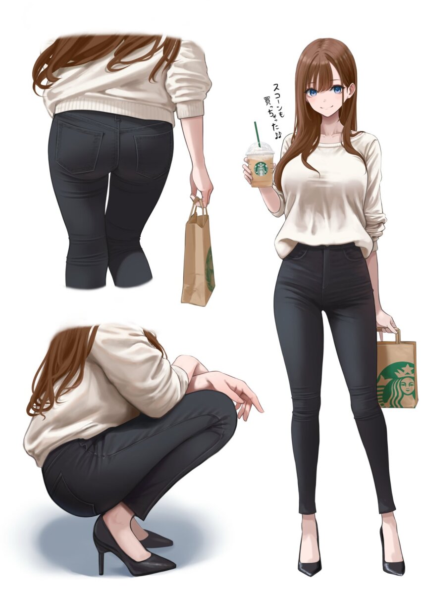 1girl akiyama_akane bag blue_eyes breasts brown_hair coffee collarbone cup denim disposable_cup drinking_straw full_body hair_half_over_shoulder high_heels highres holding holding_bag holding_cup jeans light_blush long_hair looking_at_viewer medium_breasts multiple_views original pants pocket simple_background sleeve_rolled_up smile squatting starbucks starbucks_siren sweater tight_clothes tight_pants white_background white_sweater yukimaru_ai
