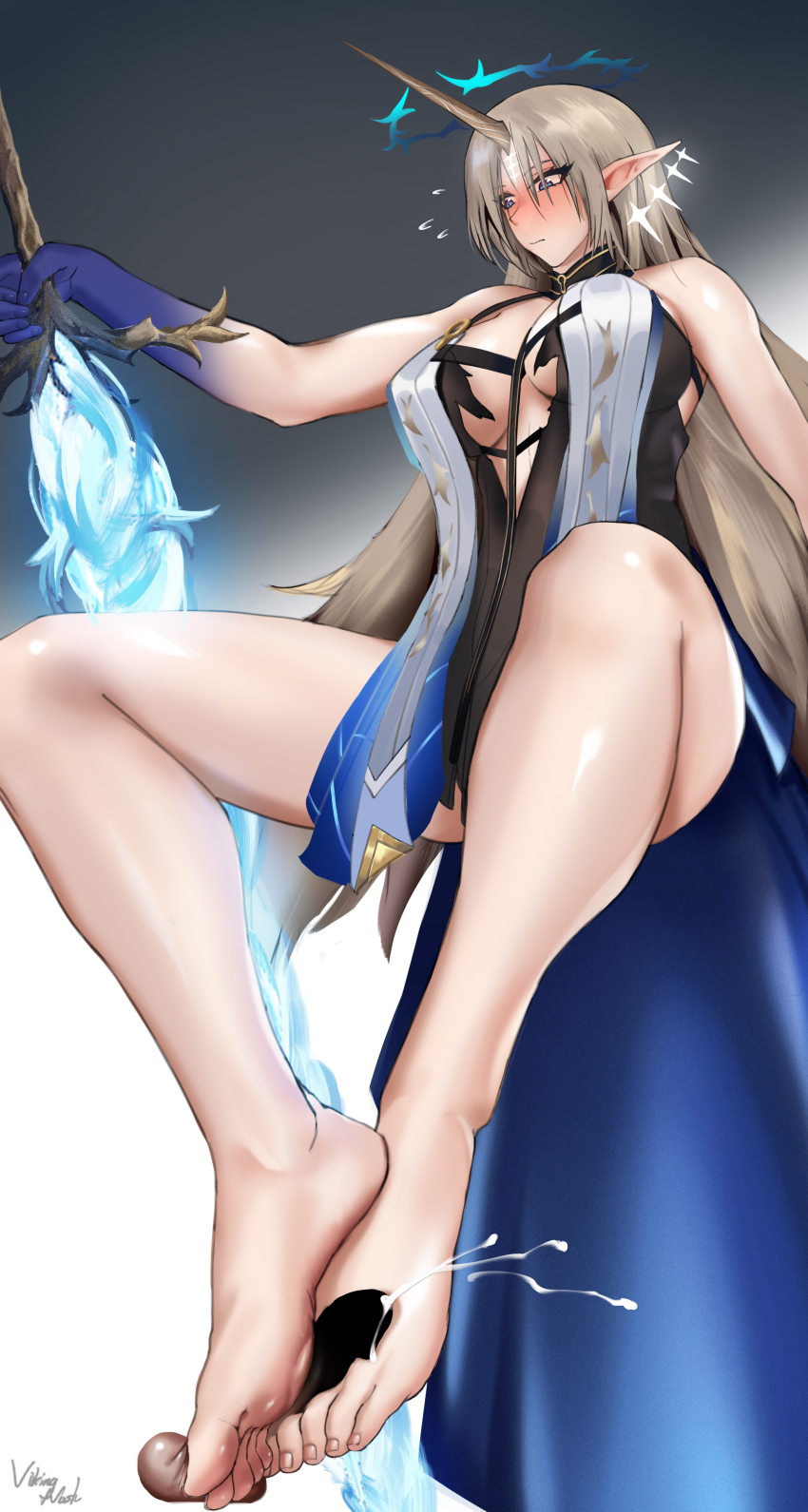 1girl absurdres barefoot blonde_hair blue_eyes blush cartethyia_(wuthering_waves) cum ejaculation feet fleurdelys_(wuthering_waves) footjob highres horns long_hair pointy_ears single_horn soles toes viking.nash wuthering_waves