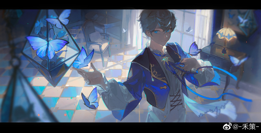 1boy absurdres blue_eyes bow bowtie bug butterfly chair curtains desk ensemble_stars! floor grey_hair highres insect lantern noland sena_izumi_(ensemble_stars!) short_hair solo standing window