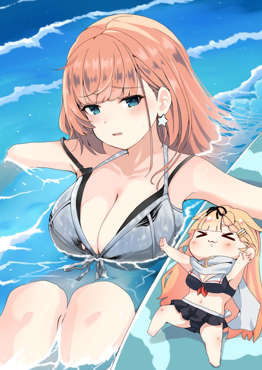 &gt;_&lt; 2girls absurdres aqua_eyes atlanta_(kancolle) atlanta_(swimsuit)_(kancolle) bikini bikini_skirt black_bikini black_ribbon blonde_hair breasts brown_hair cleavage dyson_(edaokunnsaikouya) earrings front-tie_bikini_top front-tie_top grey_bikini hair_down hair_flaps hair_ornament hair_ribbon hairclip highres jewelry kantai_collection large_breasts layered_bikini long_hair mini_person minigirl multiple_girls official_alternate_costume ribbon sailor_bikini sailor_collar scarf single_earring size_difference smile star_(symbol) star_earrings swimsuit very_long_hair white_scarf yuudachi_(kancolle) yuudachi_kai_ni_(swimsuit)_(kancolle)