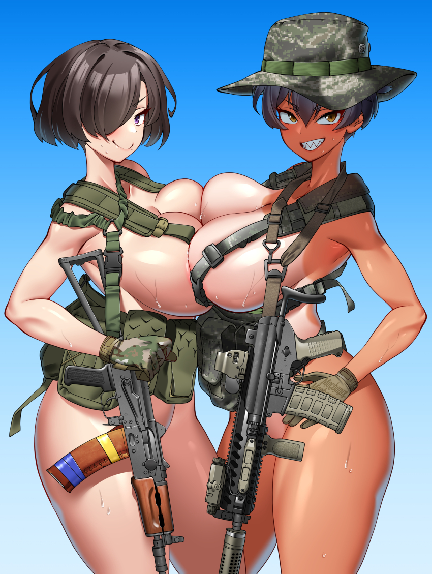 2girls absurdres aks-74u areola_slip assault_rifle black_hair blush boonie_hat breast_press breasts brown_hair camouflage camouflage_gloves camouflage_headwear chest_rig closed_mouth daewoo_k1 gloves gun hair_over_one_eye highres hitch_(perotoss) kalashnikov_rifle large_breasts laser_sight looking_at_viewer medium_hair mole mole_under_mouth multiple_girls open_mouth optical_sight original paid_reward_available purple_eyes rifle sergeant_joo sharp_teeth short_hair slit_pupils smile suppressor symmetrical_docking tan tanline tape teeth tomboy vertical_foregrip weapon yellow_eyes yuri