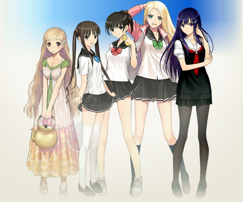 5girls ball blonde_hair breasts date_wingfield_reiko fault!! fault!!_s glasses hair_ornament hayama_rika jersey kamiwazumi_maya medium_breasts multiple_girls pantyhose saeki_ai school_uniform small_breasts sugiyama_mio tennis_ball thighhighs tony_taka twintails