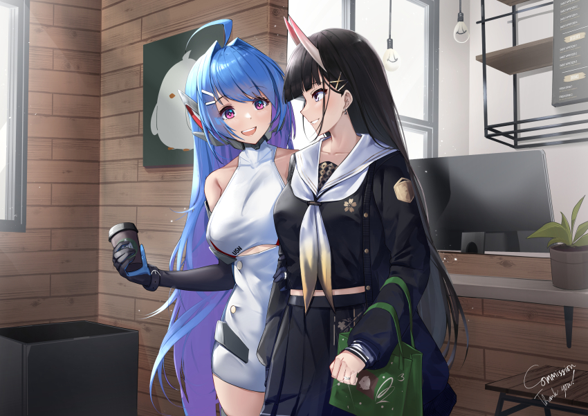 2girls :d absurdres azur_lane bag bare_shoulders black_gloves black_hair black_serafuku black_shirt black_skirt blue_hair blush breasts buttons clothing_cutout commentary commission crop_top cup day demon_girl demon_horns double-breasted dress earrings elbow_gloves english_commentary facing_viewer gloves grin hair_ornament hairclip hand_up happy helena_(azur_lane) helena_(retrofit)_(azur_lane) highres hip_focus holding holding_bag holding_cup horns indoors irkawaza jewelry long_hair looking_at_another looking_at_viewer looking_to_the_side medium_breasts midriff multiple_girls neckerchief noshiro_(azur_lane) oni_horns open_mouth purple_eyes sakura_empire_(emblem) school_uniform serafuku shirt skirt sleeveless sleeveless_dress smile star_(symbol) star_earrings teeth underboob_cutout upper_teeth_only very_long_hair white_dress white_neckerchief