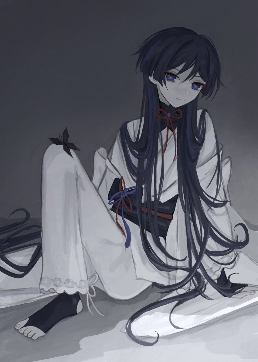 1boy adapted_costume alternate_hair_length alternate_hairstyle androgynous blunt_ends bridal_gauntlets bridal_legwear bug butterfly cosplay eyeliner genshin_impact highres insect japanese_clothes kimono light_smile long_hair looking_at_viewer makeup obi obijime on_floor purple_eyes raiden_shogun raiden_shogun_(cosplay) red_eyeliner red_ribbon ribbon sash scaramouche_(genshin_impact) sitting smile very_long_hair vision_(genshin_impact) white_kimono yoruli_e