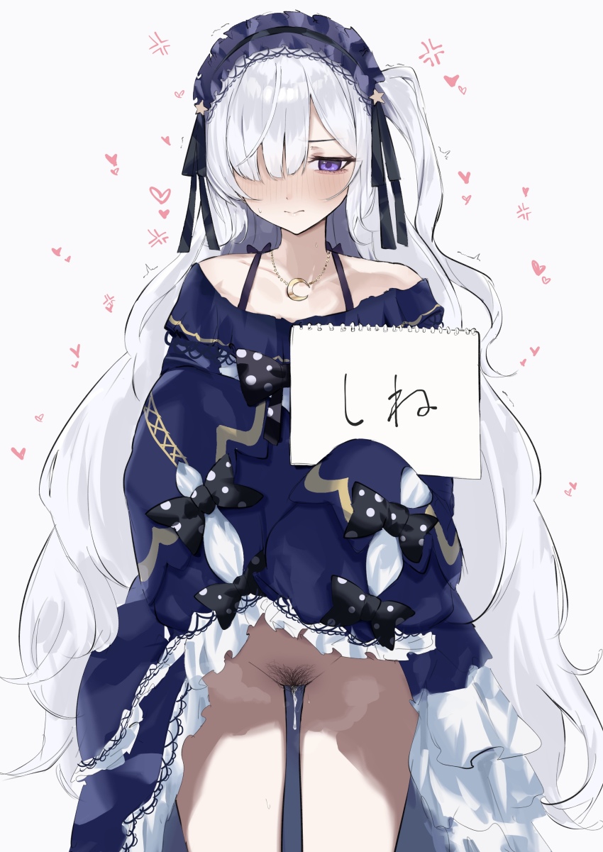 1girl absurdres blue_hairband blush bow closed_mouth clothes_lift commentary crescent crescent_necklace dera_self dress dress_lift female_pubic_hair frilled_dress frills gothic_lolita hairband highres holding holding_sketchbook jewelry lifting_own_clothes lolita_fashion lolita_hairband long_hair mahou_shoujo_no_majo_saiban natsume_an-an necklace no_panties partially_translated polka_dot polka_dot_bow pubic_hair pubic_hair_peek pussy_juice simple_background sketchbook sleeves_past_fingers sleeves_past_wrists solo symbol-only_commentary translation_request variant_set white_background white_hair