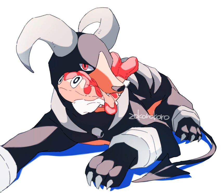 artist_name biting claws curled_horns demon_tail gen_2_pokemon highres horns houndoom korosliszt looking_at_viewer mouth_hold nintendo no_humans pokemon pokemon_(creature) red_eyes shadow sharp_teeth simple_background sitting solo stuffed_toy tail tatsugiri tatsugiri_(droopy) teeth toy white_background
