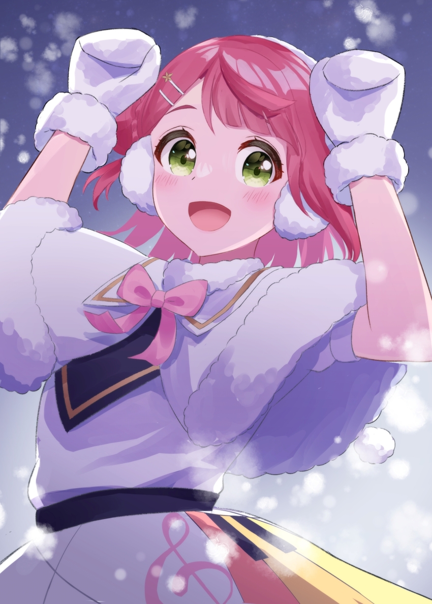 1girl blush bow bowtie capelet colorful_dreams!_colorful_smiles!_(love_live!) commentary_request dress earmuffs fur-trimmed_capelet fur_trim hair_bun hair_ornament hairclip hands_up highres hisaka looking_at_viewer love_live! love_live!_nijigasaki_high_school_idol_club medium_hair mittens open_mouth piano_print pink_bow pink_bowtie single_side_bun solo uehara_ayumu upper_body white_capelet white_dress white_mittens winter_clothes yellow_eyes