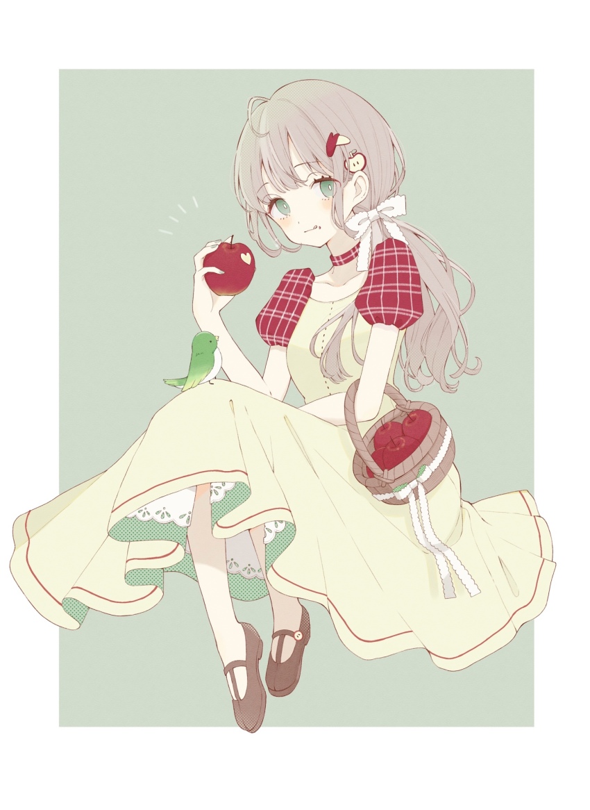 1girl akiyu apple_hair_ornament basket bird bird_on_knee bow bright_pupils brown_footwear brown_hair choker closed_mouth collarbone commentary dress food food-themed_hair_ornament fruit green_dress green_eyes hair_bow hair_ornament heart highres holding holding_basket holding_food holding_fruit invisible_chair licking_lips long_hair looking_at_viewer notice_lines original plaid_choker plaid_clothes puffy_short_sleeves puffy_sleeves red_choker short_sleeves sidelocks sitting solo surprised symbol-only_commentary tongue tongue_out white_bow white_pupils