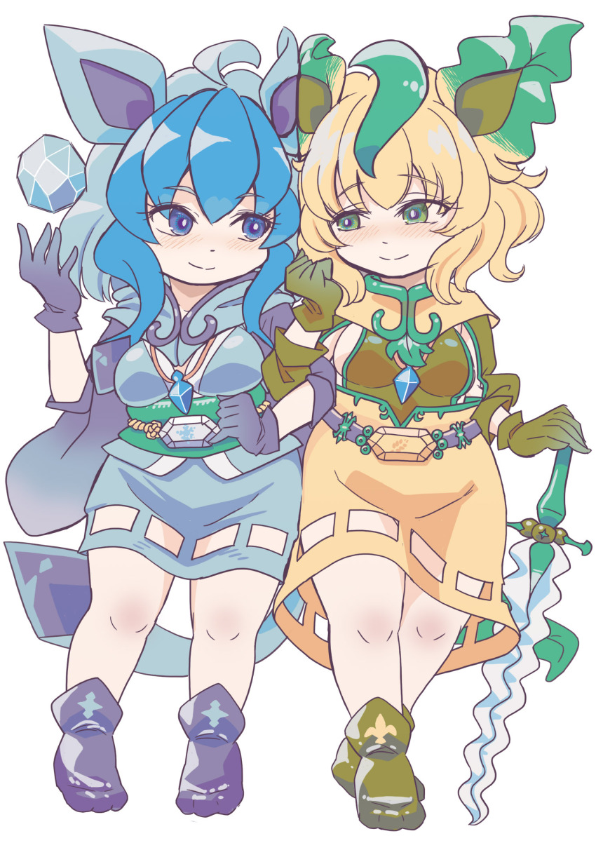 2girls ahoge blonde_hair blue_eyes blue_hair blue_shirt blue_skirt breasts commentary_request cookie_(touhou) full_body gen_4_pokemon glaceon gloves green_eyes green_footwear green_gloves green_shirt highres ice leafeon locked_arms looking_at_another looking_to_the_side medium_breasts medium_hair multicolored_hair multiple_girls nintendo nyon_(cookie) pokemon purple_footwear purple_gloves shirt shoes simple_background skirt skirt_set smile standing sword tsuzuchii two-tone_hair weapon white_background yellow_skirt