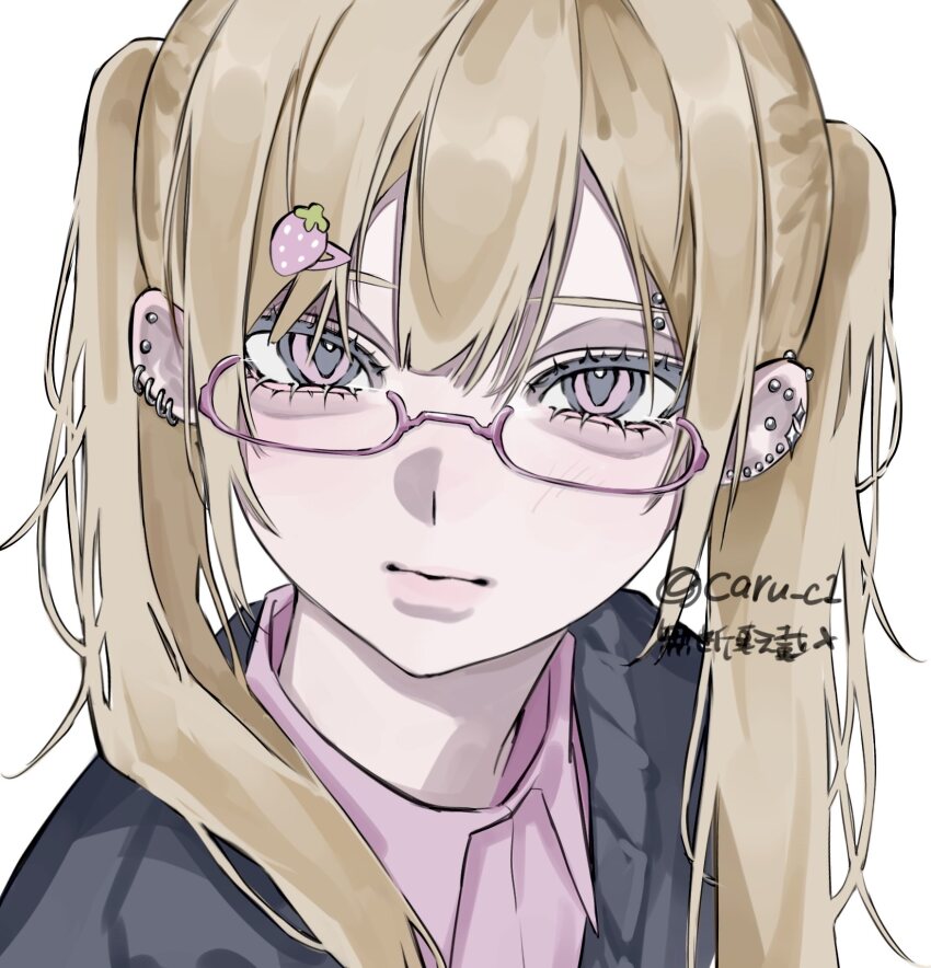 1girl aegyo_sal black_jacket blonde_hair caru_c1 closed_mouth commentary ear_piercing english_commentary eyebrow_piercing face_piercing gyaru hair_between_eyes hair_ornament hairclip highres jacket long_hair looking_at_viewer original piercing pink-framed_eyewear pink_eyes pink_shirt portrait semi-rimless_eyewear shirt simple_background solo twintails white_background
