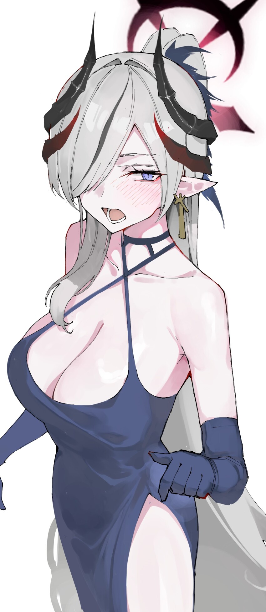 1girl absurdres blue_archive blue_dress blue_eyes blue_gloves blush breasts cleavage cross cross_earrings demon_girl demon_horns djan dress earrings elbow_gloves embarrassed gloves hair_over_one_eye highres horns jewelry large_breasts long_hair looking_at_viewer makoto_(blue_archive) makoto_(dress)_(blue_archive) open_mouth pointy_ears ponytail sidelocks white_hair