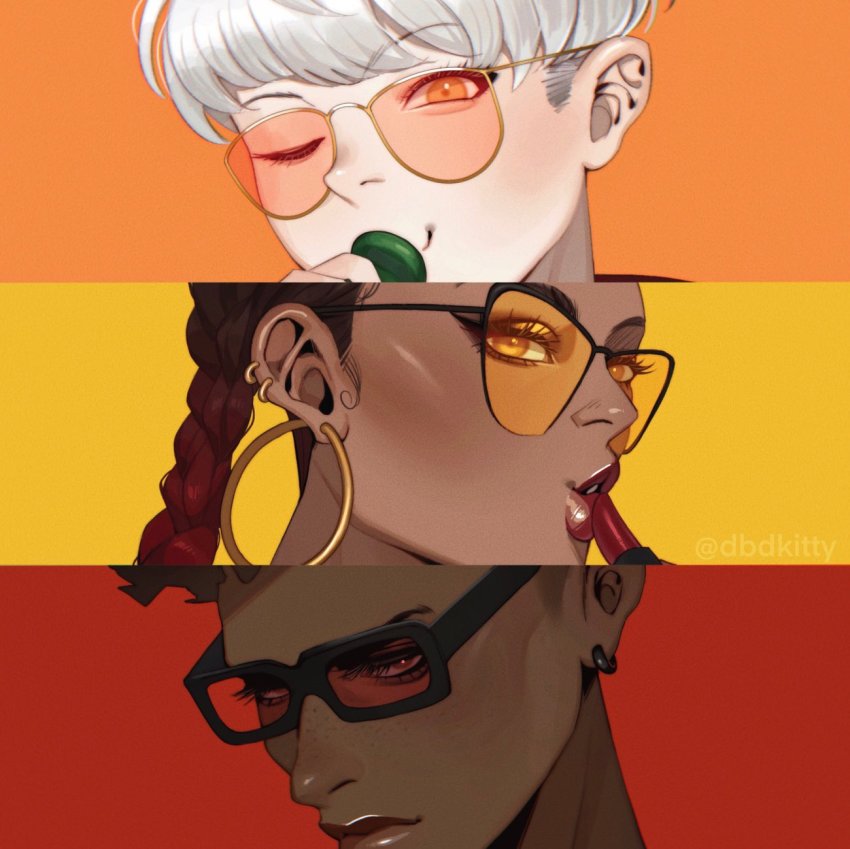 3girls apex_legends applying_makeup bangalore_(apex_legends) braid brown_eyes brown_hair cosmetics dark-skinned_female dark_skin earrings highres hoop_earrings jewelry kitty_keihara lipstick_tube loba_(apex_legends) long_hair looking_at_viewer multiple_girls one_eye_closed orange_eyes parted_lips short_hair sunglasses twin_braids valkyrie_(apex_legends)