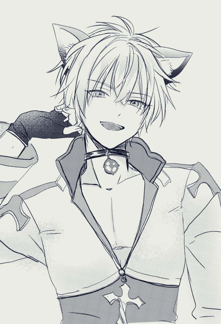 1boy animal_ears arch_bishop_(ragnarok_online) cat_boy cat_ears choker coat commentary_request fingerless_gloves gloves greyscale highres jacket long_sleeves male_focus monochrome open_mouth ragnarok_online shimako_(user_jsaa7243) short_hair simple_background smile solo upper_body white_jacket